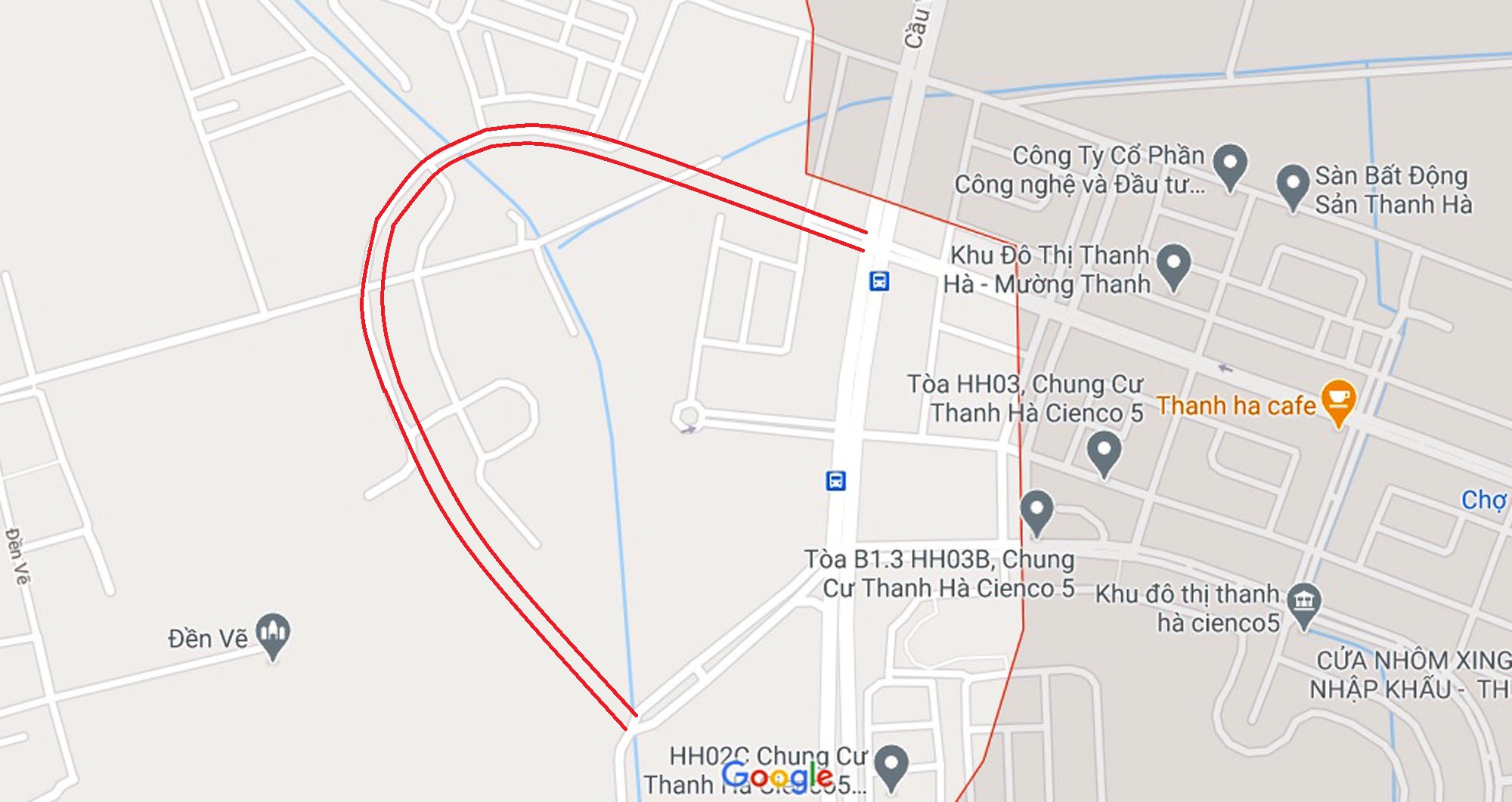 Sơ đồ tuyến đường đôi quanh ô đất qui hoạch đào hồ nước ở phường Phú Lương. (Nguồn ảnh: Google).