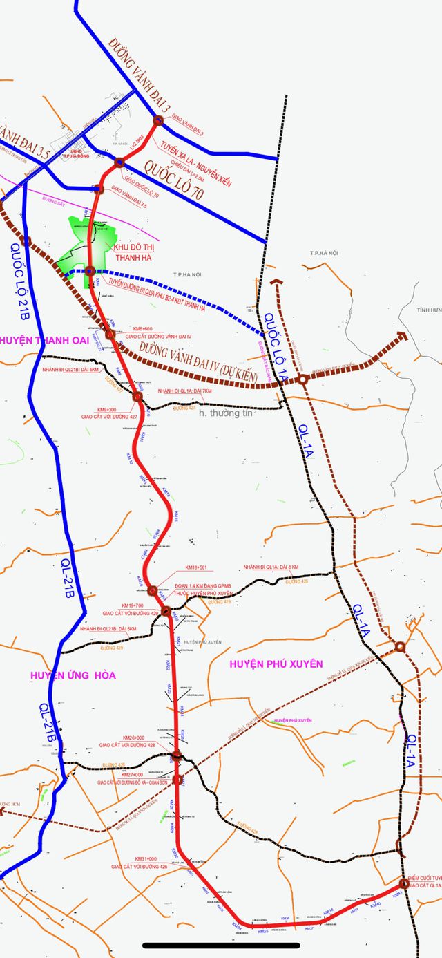 Tuyến Đường Phía Nam đường màu đỏ bắt đầu từ Nguyễn Xiển kết thúc đoạn nối đi cầu giẽ Ninh Bình