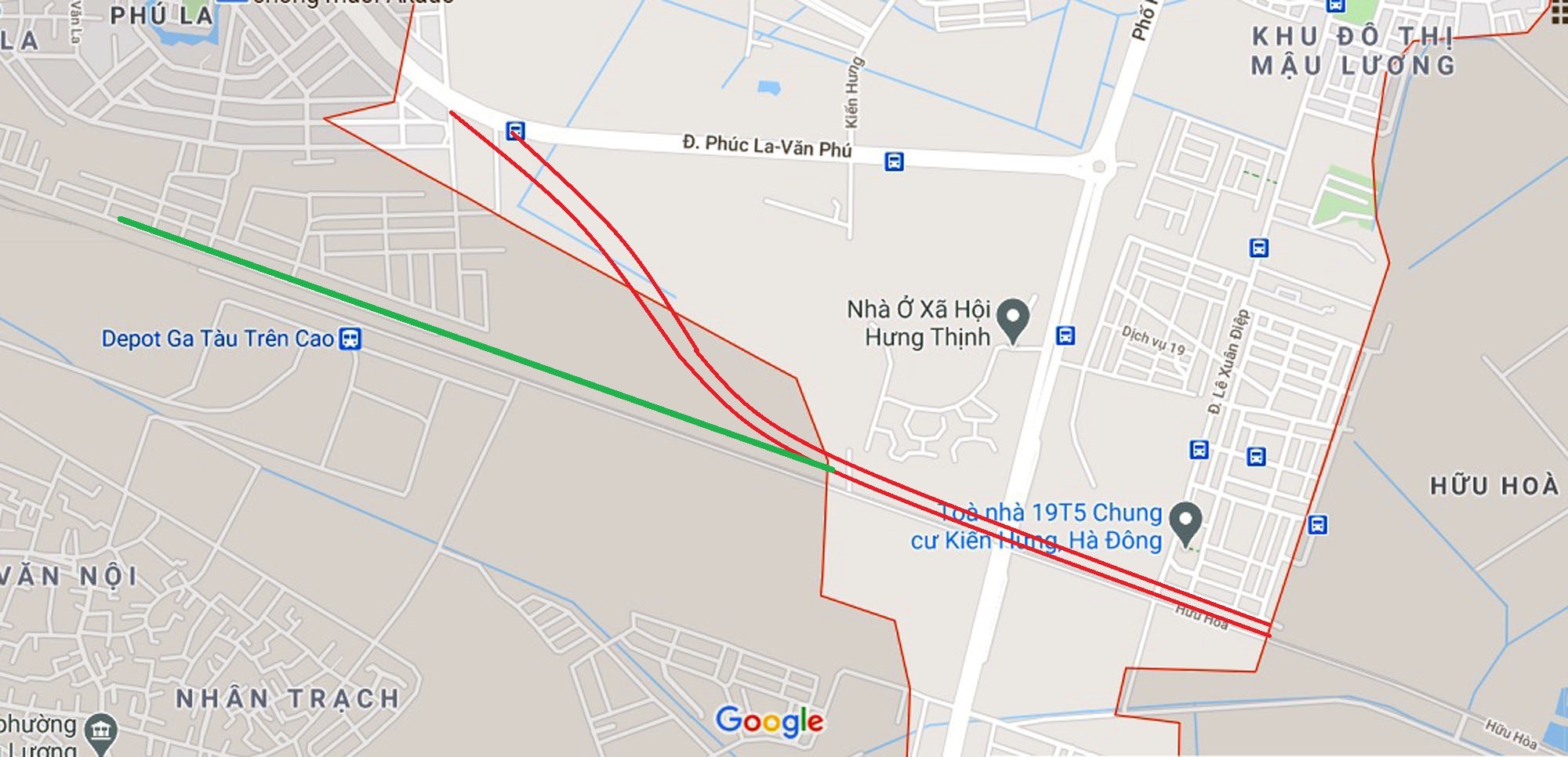 Sơ đồ tuyến đường từ khu đô thị Phú Lương (màu xanh) đến Vành đai 3,5. (Nguồn ảnh: Google)
