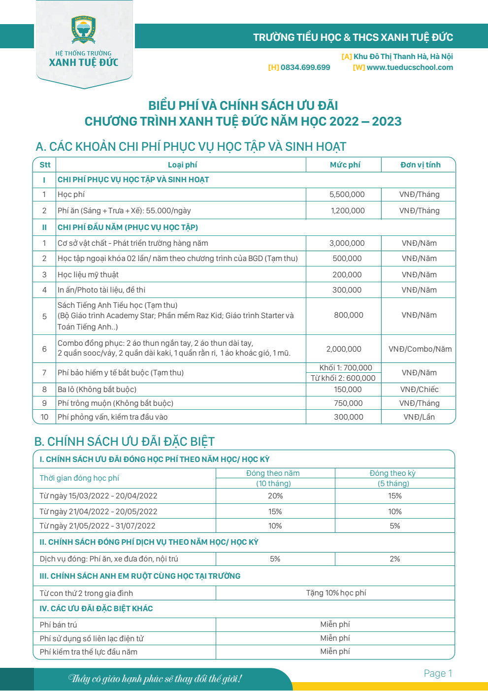 01- Biểu học phí trường tiểu học và THCS Xanh Tuệ Đức Thanh Hà