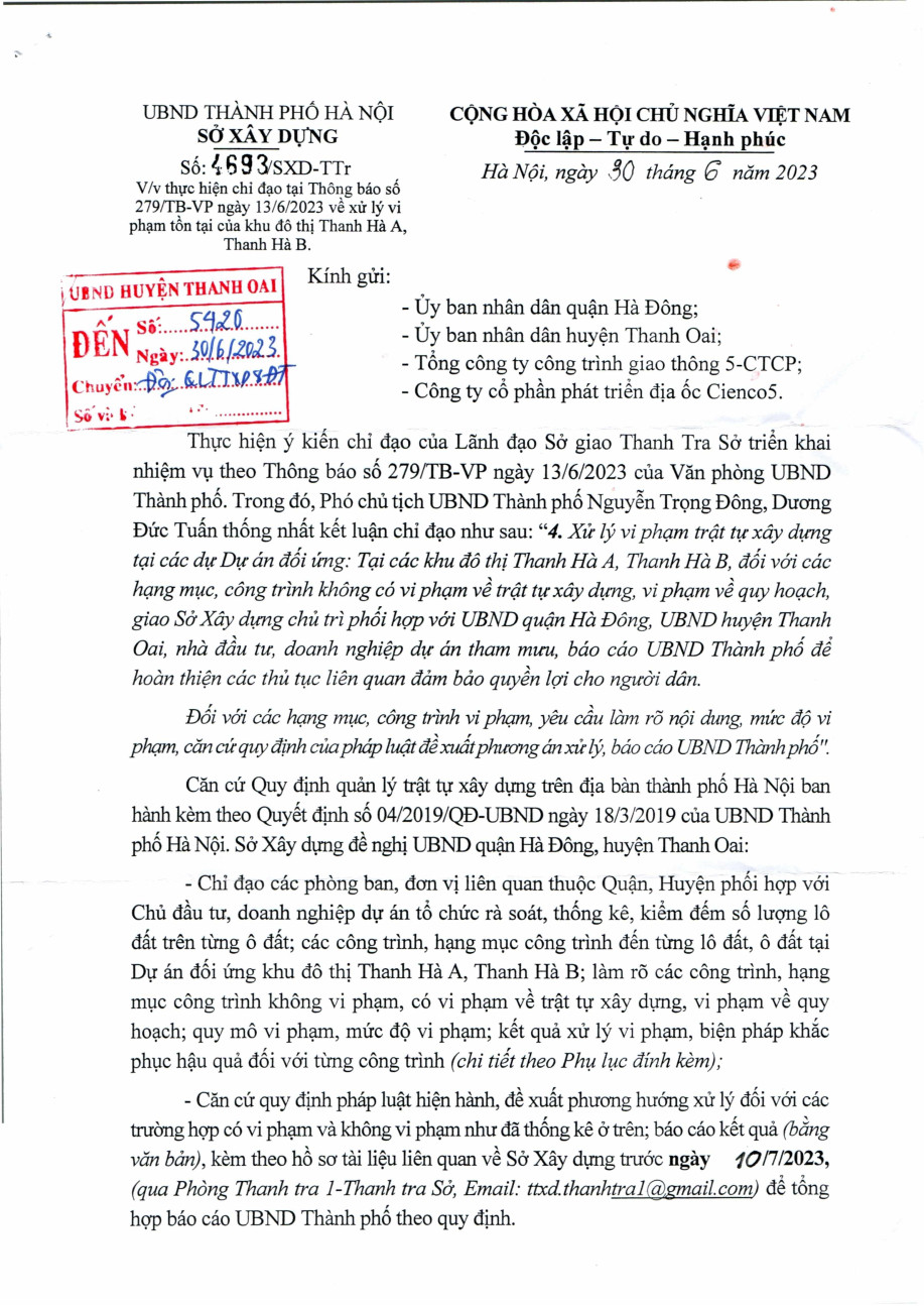 01- Công văn chỉ đạo của sở xây dựng Hà Nội về việc các sai phạm ở Khu Đô Thị Thanh Hà